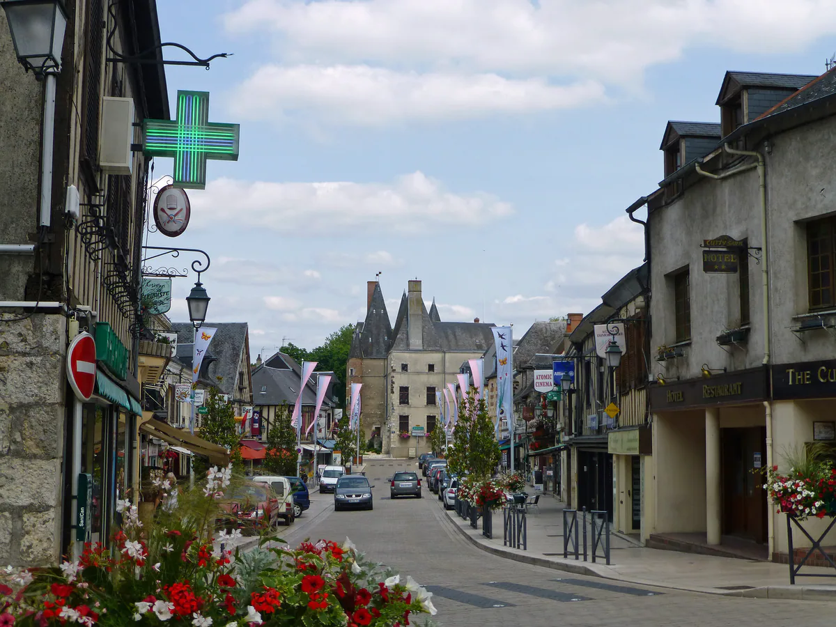 Rue décorée et maisons de brique et pans de bois à Aubigny-sur-Nère