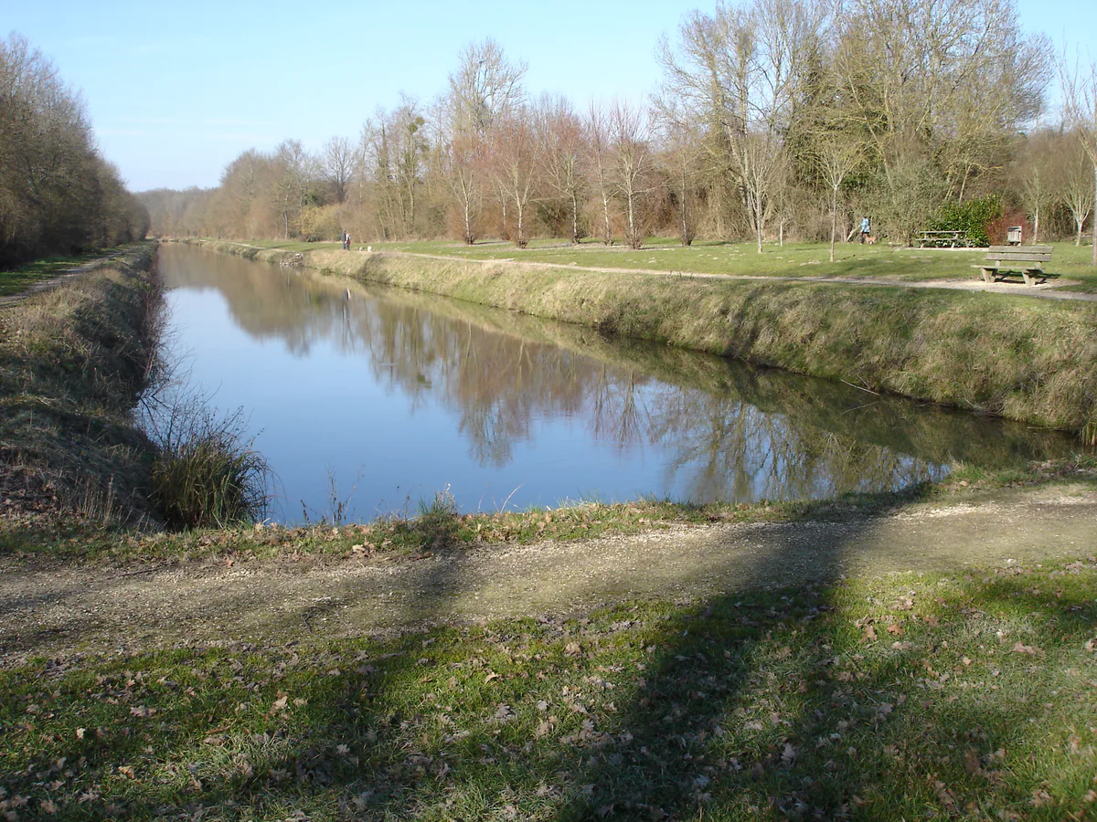 Tree-lined Sauldre Canal at its starting point in Blancafort